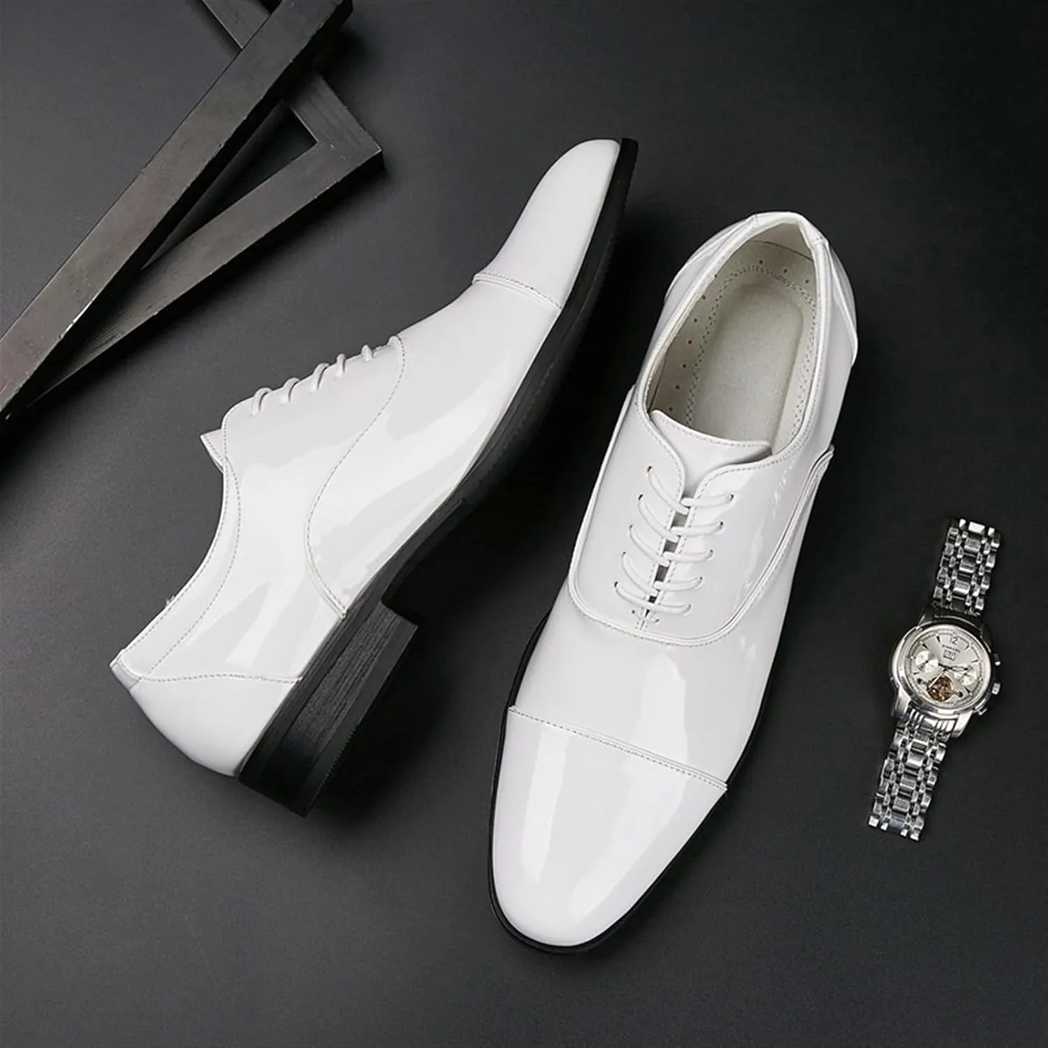 Men's Oxfords Dress Derby Shoes Plain Captoe Round Toe 5-Eye Lace Up Patent Thick Block Heel Synthetic Leather Rubber Sole Formal Men