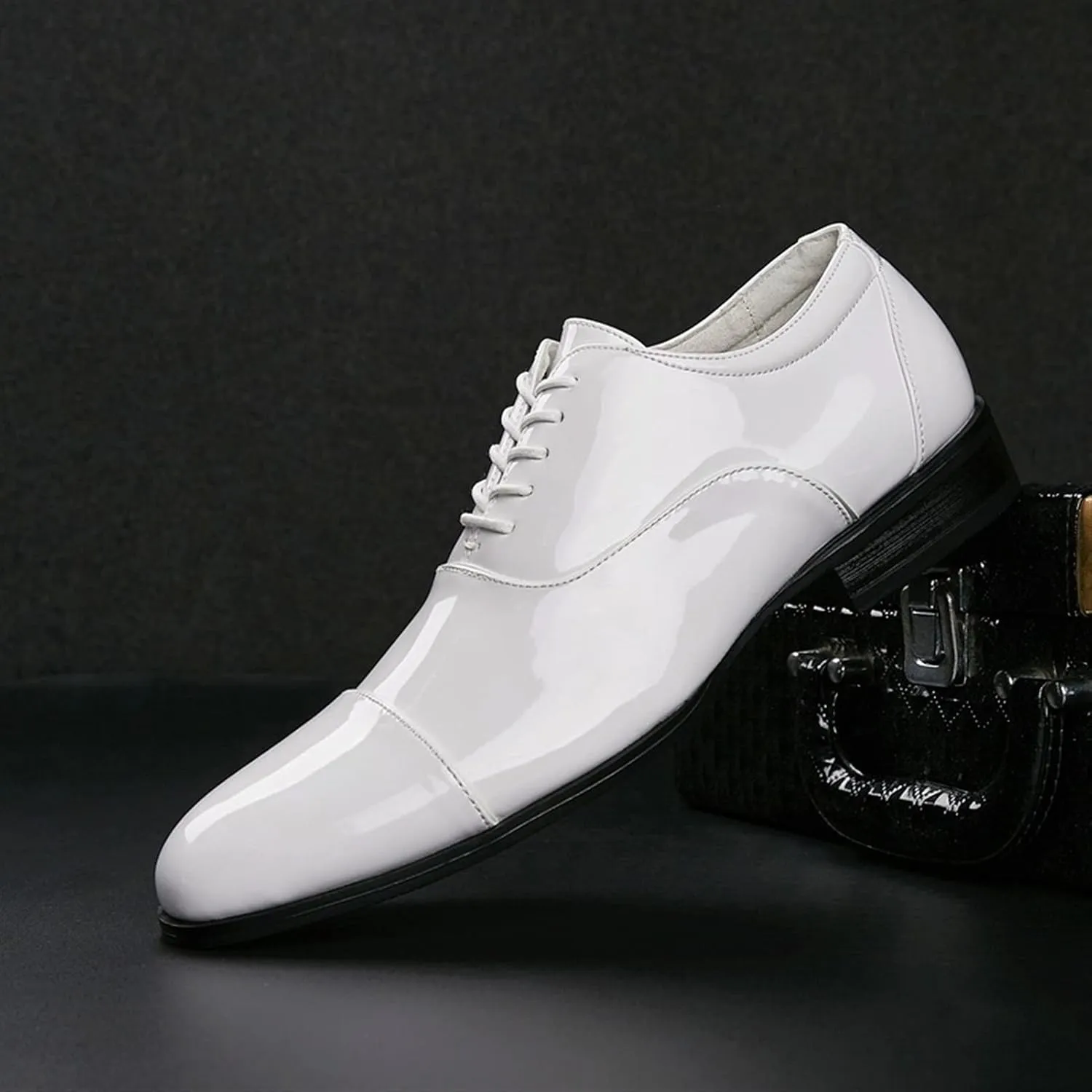 Men's Oxfords Dress Derby Shoes Plain Captoe Round Toe 5-Eye Lace Up Patent Thick Block Heel Synthetic Leather Rubber Sole Formal Men