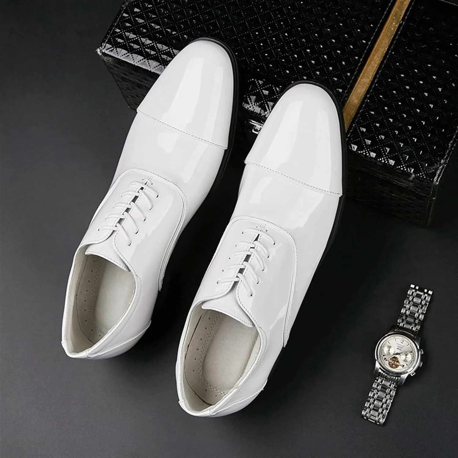 Men's Oxfords Dress Derby Shoes Plain Captoe Round Toe 5-Eye Lace Up Patent Thick Block Heel Synthetic Leather Rubber Sole Formal Men