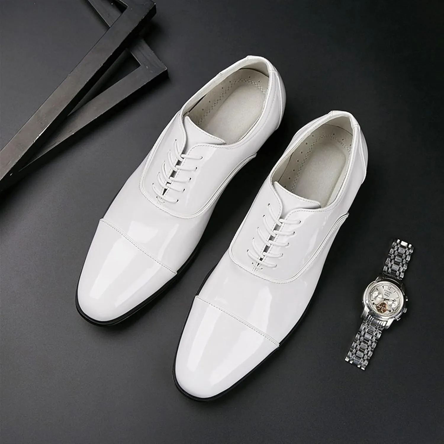 Men's Oxfords Dress Derby Shoes Plain Captoe Round Toe 5-Eye Lace Up Patent Thick Block Heel Synthetic Leather Rubber Sole Formal Men