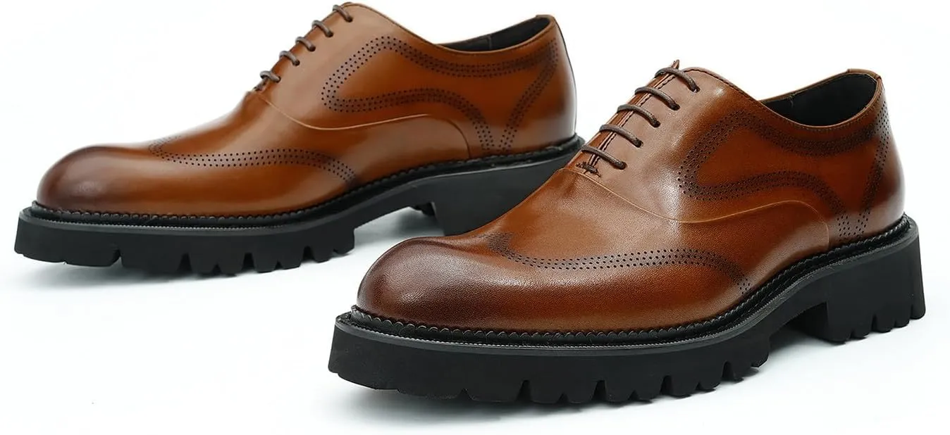 Men's Oxfords Formal Dress Derby Fashion Prom Wingtip Brogue Genuine Leather Shoes Wedding Tuxedo Business Causal Shoes for Men