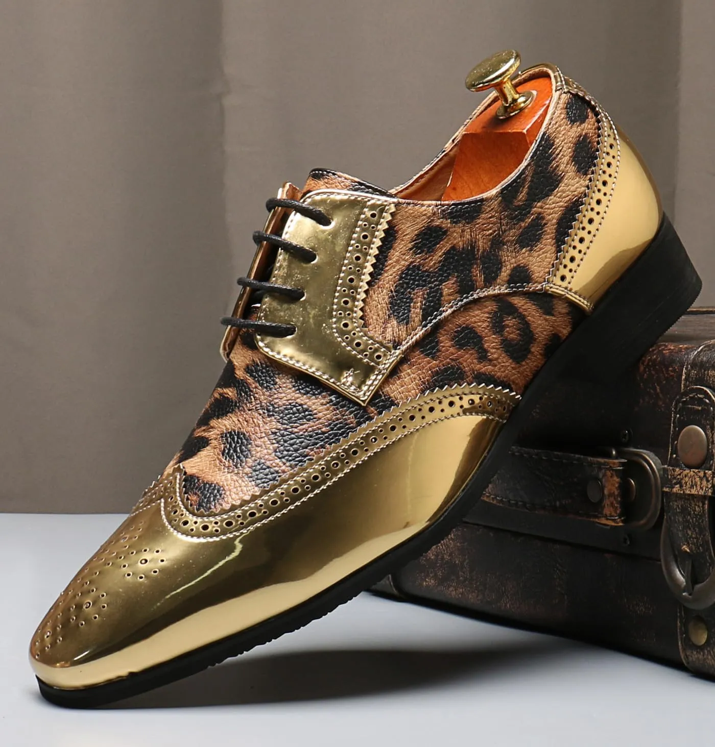 Mens Oxfords Formal Dress Leopard Texture Wingtip Derby Glossy Leather Shoes for Men Fashion Wedding Prom Modern Shoes Business Casual Tuxedo Luxury Shoes