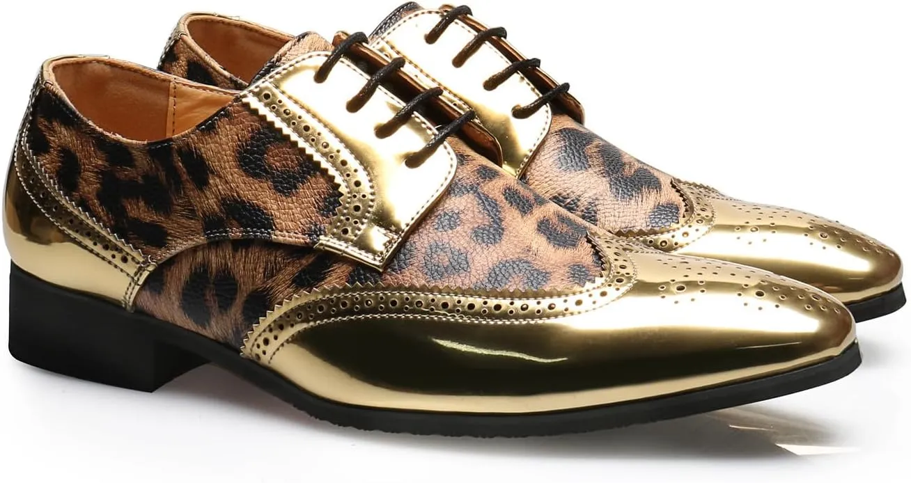 Mens Oxfords Formal Dress Leopard Texture Wingtip Derby Glossy Leather Shoes for Men Fashion Wedding Prom Modern Shoes Business Casual Tuxedo Luxury Shoes