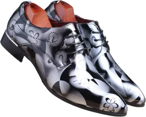 Mens Patent Leather Printing Lace Up Oxford Dress Shoes Modern Low Top Pointed Toe Tuxedo Derby Shoes for Work Office Formal Wedding