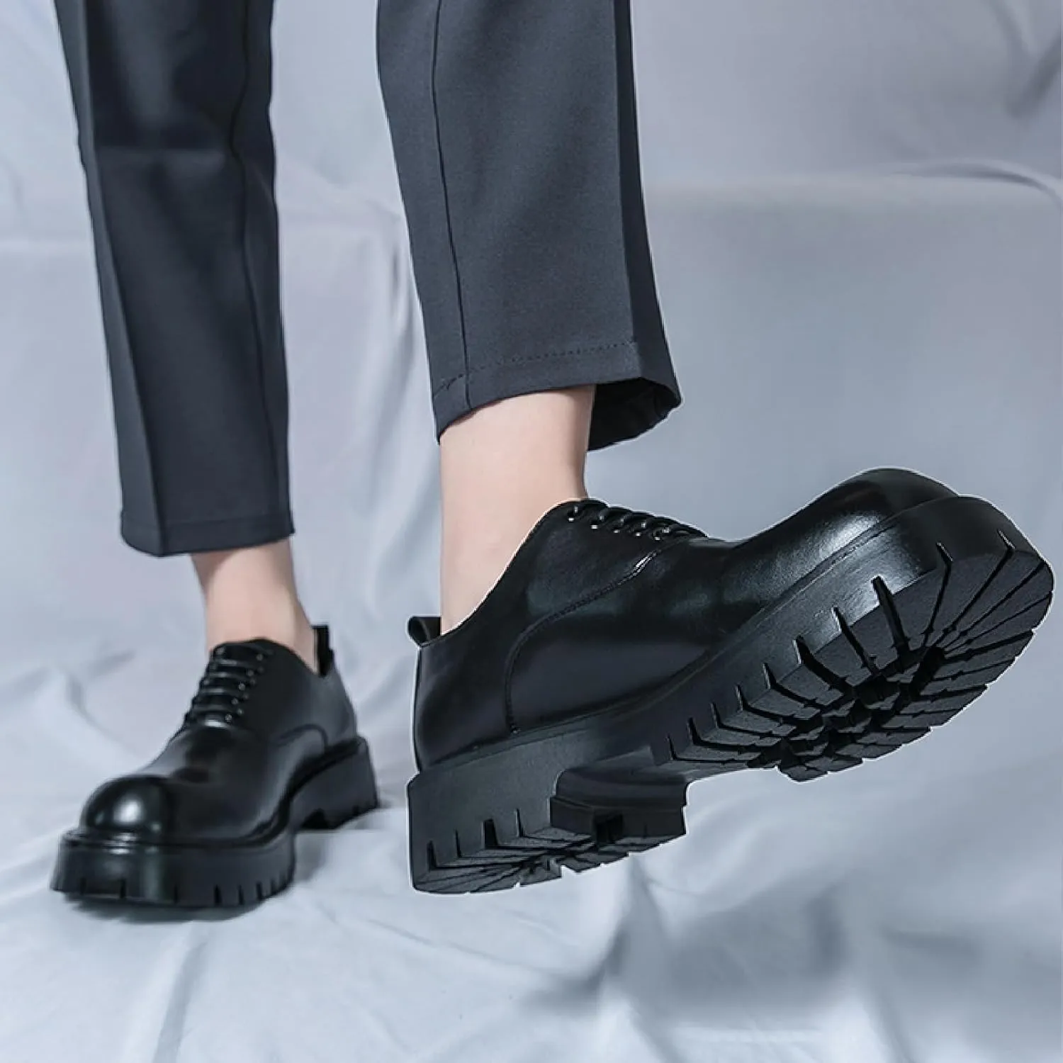 Mens Platform Lace Up Chunky Heel Oxfords Round Toe Slip On Non-Slip Waterproof Lug Sole Business Dress Loafers Derbys Classic Work Office Wedding Formal Shoes