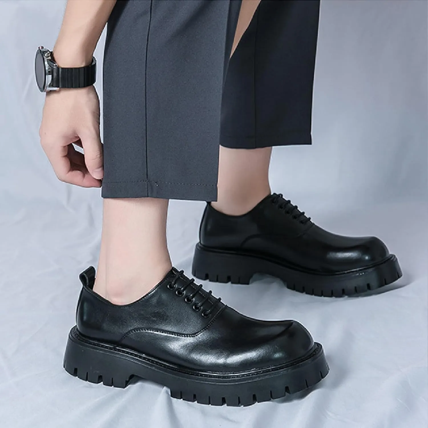 Mens Platform Lace Up Chunky Heel Oxfords Round Toe Slip On Non-Slip Waterproof Lug Sole Business Dress Loafers Derbys Classic Work Office Wedding Formal Shoes