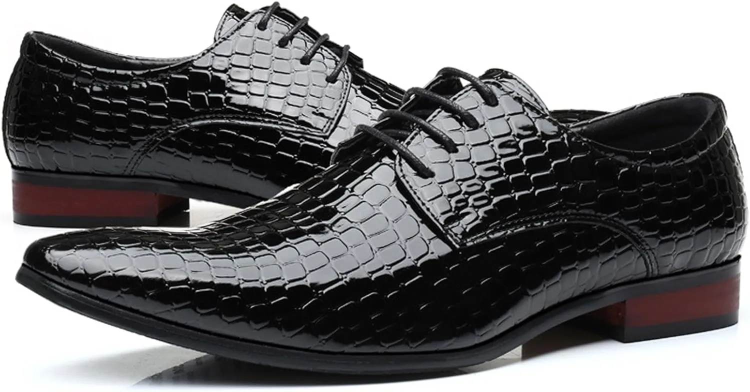 Mens Pointed Toe Lace Up Dress Oxford Shoes Fashion Western Patent Leather Animal Printed Slip On Wedding Formal Business Derby Loafer