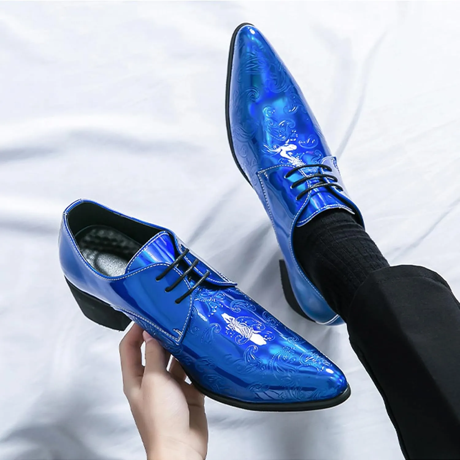 Men's Printing Pointed-Toe Patent Leather Derby Oxford Shoes,Classic Lace-up Low Top Block High Heel Fashion Slip on Prom Business Wedding Dress Shoes