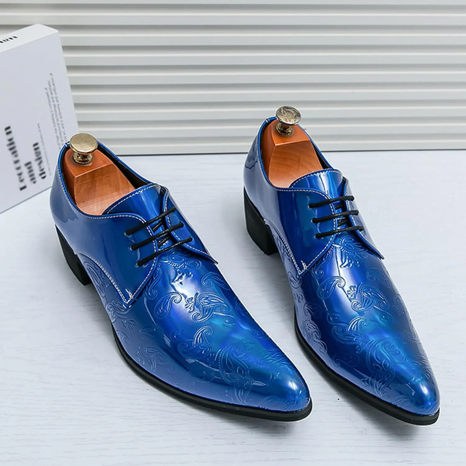 Men's Printing Pointed-Toe Patent Leather Derby Oxford Shoes,Classic Lace-up Low Top Block High Heel Fashion Slip on Prom Business Wedding Dress Shoes