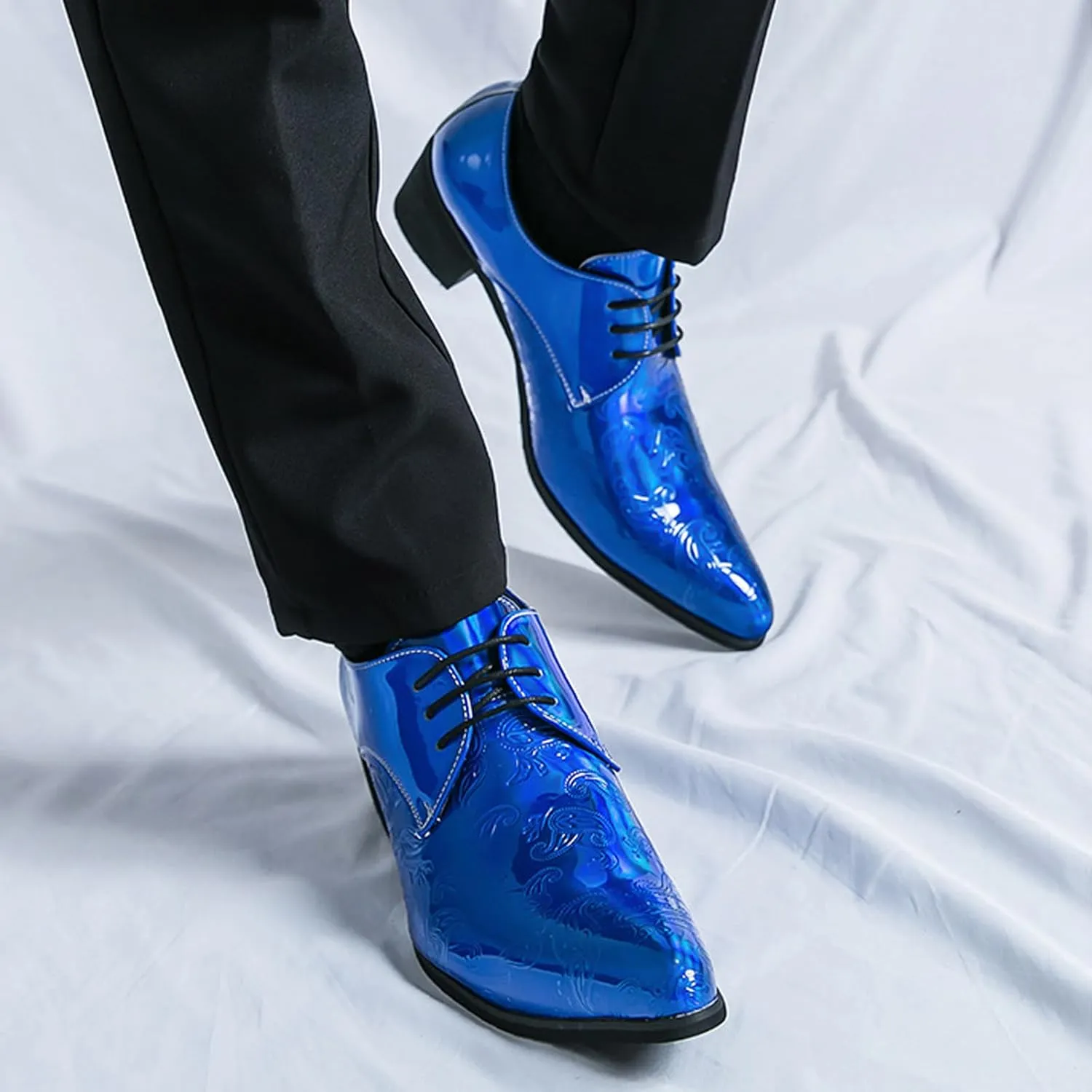 Men's Printing Pointed-Toe Patent Leather Derby Oxford Shoes,Classic Lace-up Low Top Block High Heel Fashion Slip on Prom Business Wedding Dress Shoes