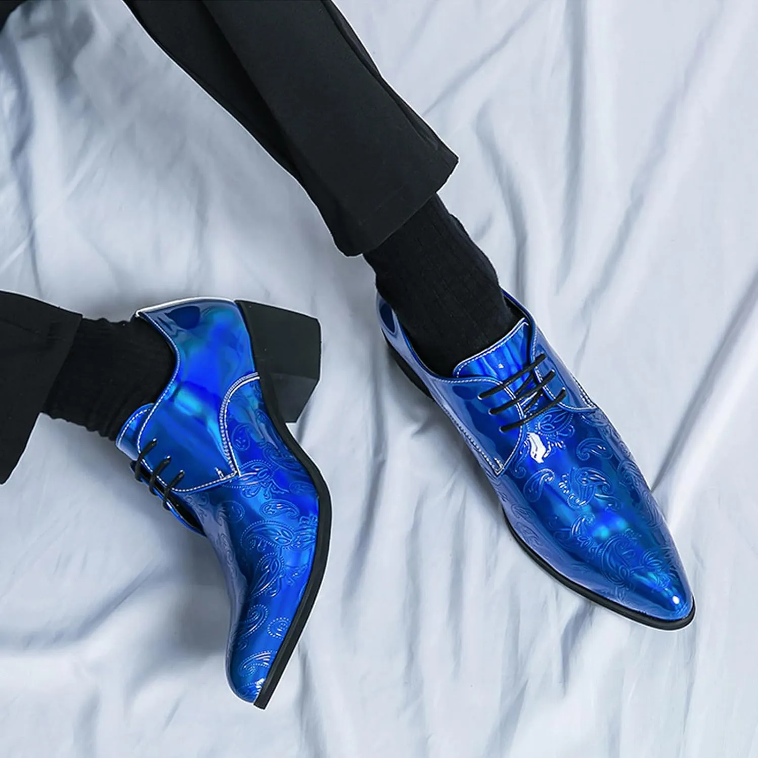 Men's Printing Pointed-Toe Patent Leather Derby Oxford Shoes,Classic Lace-up Low Top Block High Heel Fashion Slip on Prom Business Wedding Dress Shoes
