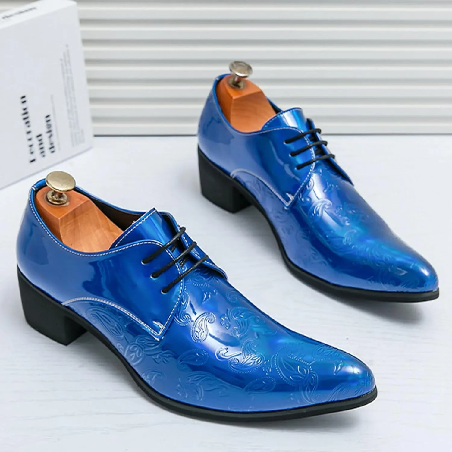 Men's Printing Pointed-Toe Patent Leather Derby Oxford Shoes,Classic Lace-up Low Top Block High Heel Fashion Slip on Prom Business Wedding Dress Shoes