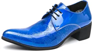 Men's Printing Pointed-Toe Patent Leather Derby Oxford Shoes,Classic Lace-up Low Top Block High Heel Fashion Slip on Prom Business Wedding Dress Shoes