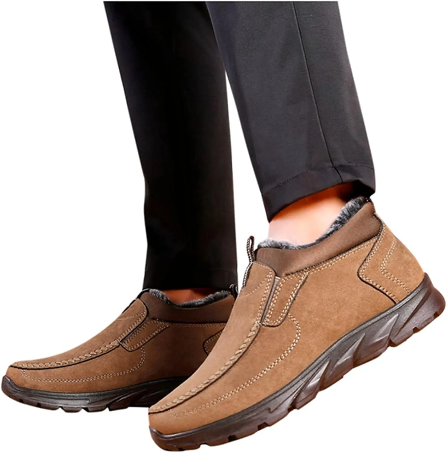 Men's Snow Boots Solid Color Flat Lazy Shoes Round Toe Slip On Ankle Booties Winter Fur Lined Sneaker Outdoor Walking Shoes