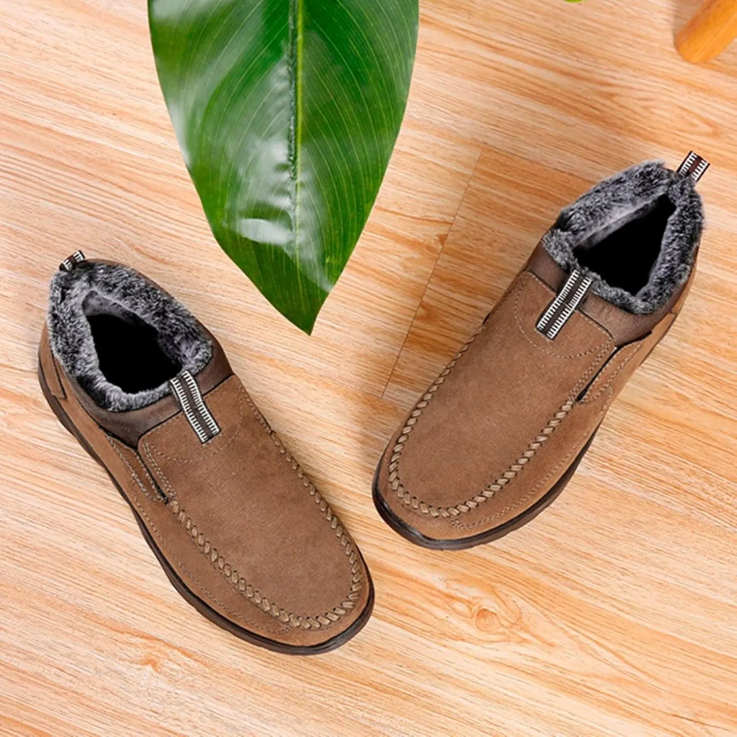 Men's Snow Boots Solid Color Flat Lazy Shoes Round Toe Slip On Ankle Booties Winter Fur Lined Sneaker Outdoor Walking Shoes