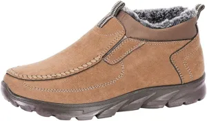Men's Snow Boots Solid Color Flat Lazy Shoes Round Toe Slip On Ankle Booties Winter Fur Lined Sneaker Outdoor Walking Shoes