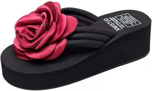 MIOKE Women's Flower Wedge High Heel Flipflops Trendy Summer Platform Comfort Nonslip Beach Thong Sandals