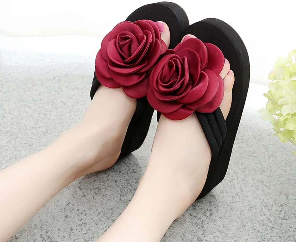 MIOKE Women's Flower Wedge High Heel Flipflops Trendy Summer Platform Comfort Nonslip Beach Thong Sandals