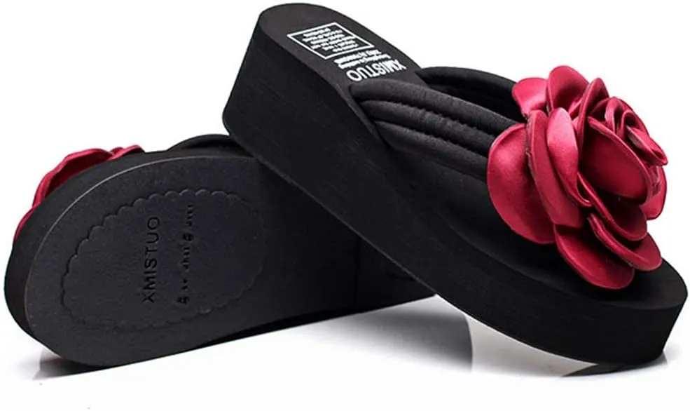MIOKE Women's Flower Wedge High Heel Flipflops Trendy Summer Platform Comfort Nonslip Beach Thong Sandals