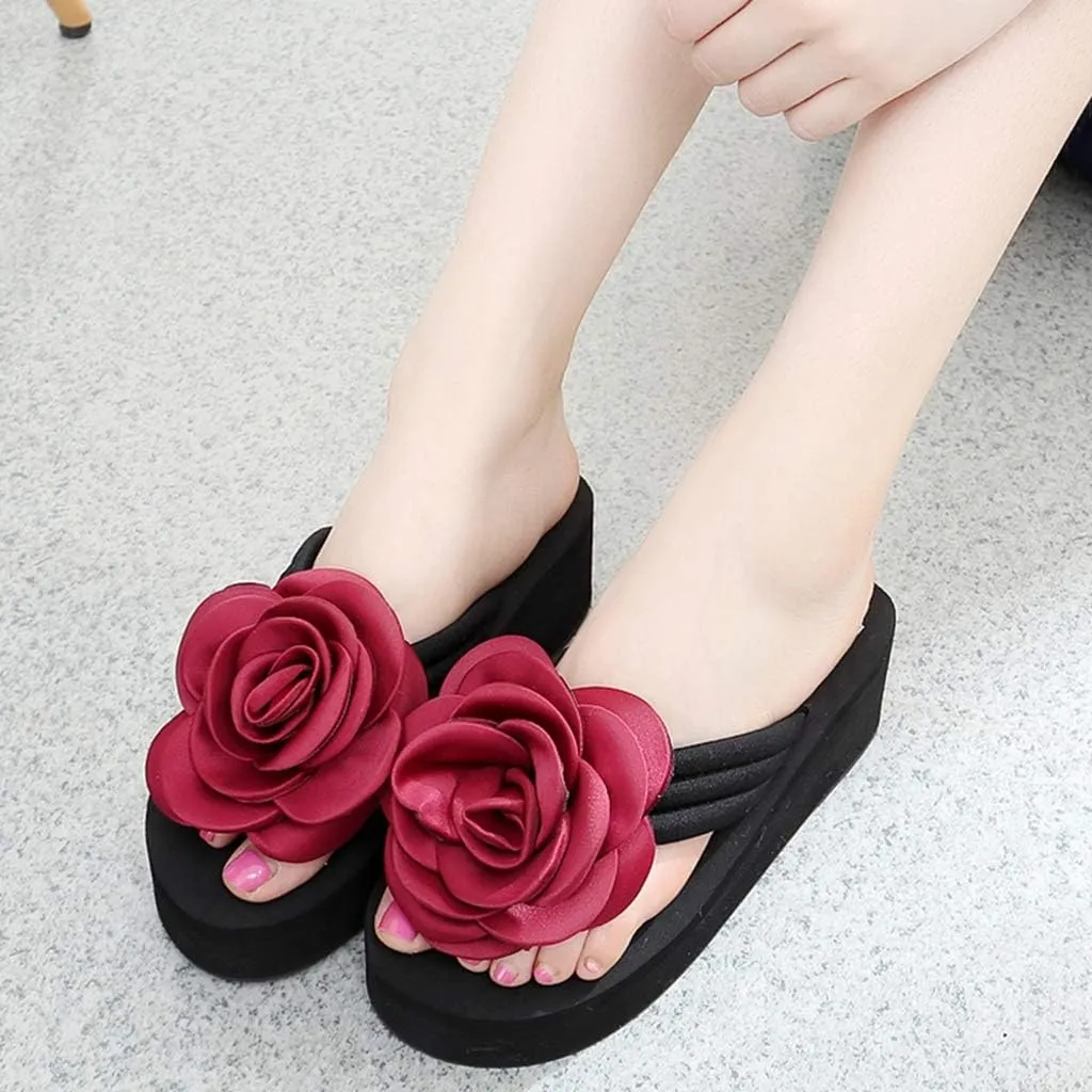 MIOKE Women's Flower Wedge High Heel Flipflops Trendy Summer Platform Comfort Nonslip Beach Thong Sandals