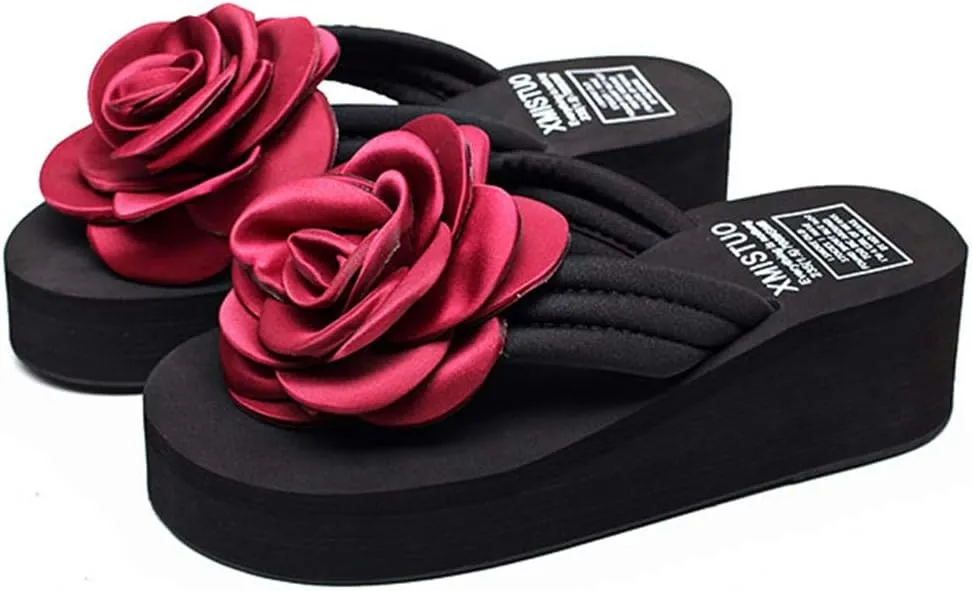 MIOKE Women's Flower Wedge High Heel Flipflops Trendy Summer Platform Comfort Nonslip Beach Thong Sandals