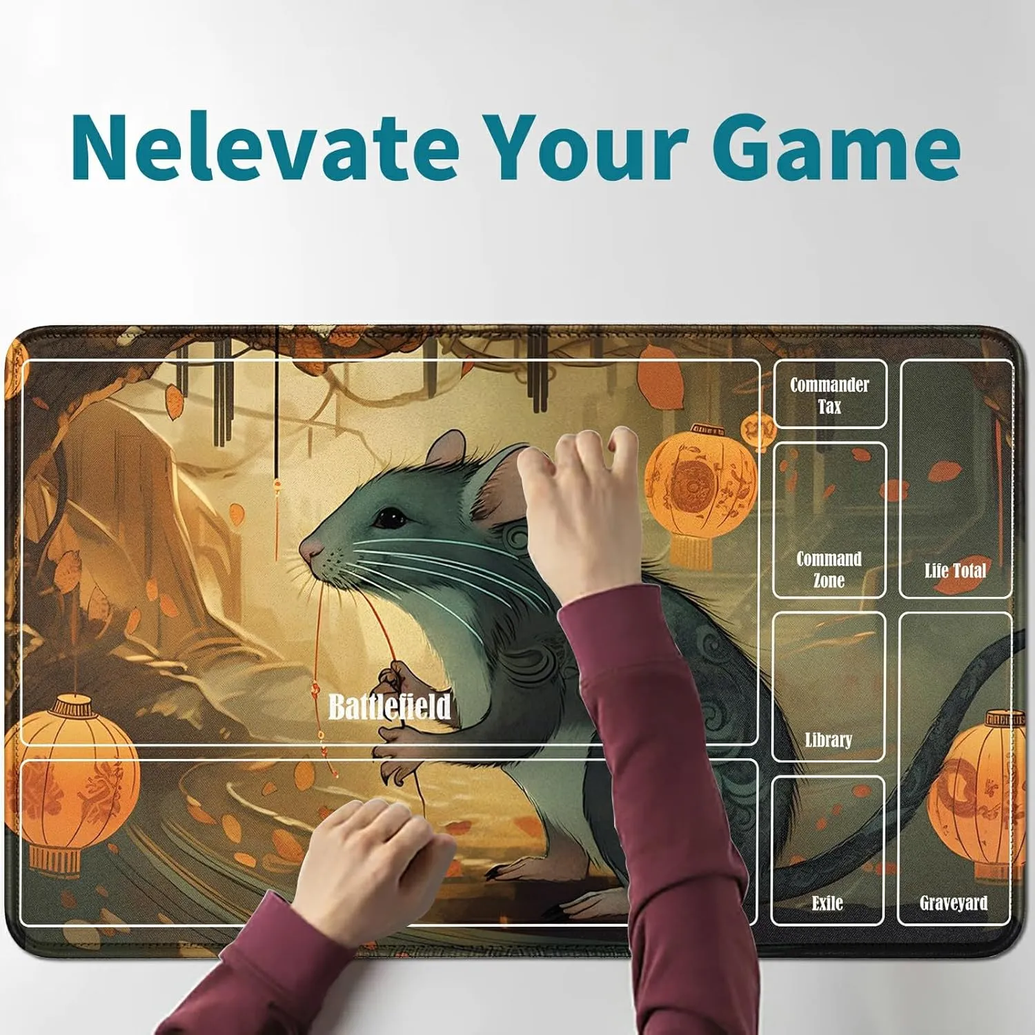 MTG Card Playmat 24 X 14 Inch, Stitched for Commander Board RPG CCG Game Magic The Gathering, TCG Desk Mat for Card Game Playing Accessories, Lantern Mouse