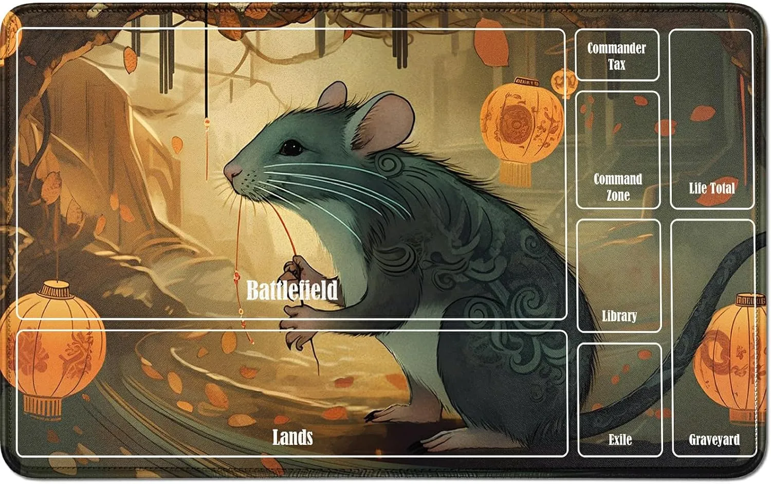 MTG Card Playmat 24 X 14 Inch, Stitched for Commander Board RPG CCG Game Magic The Gathering, TCG Desk Mat for Card Game Playing Accessories, Lantern Mouse