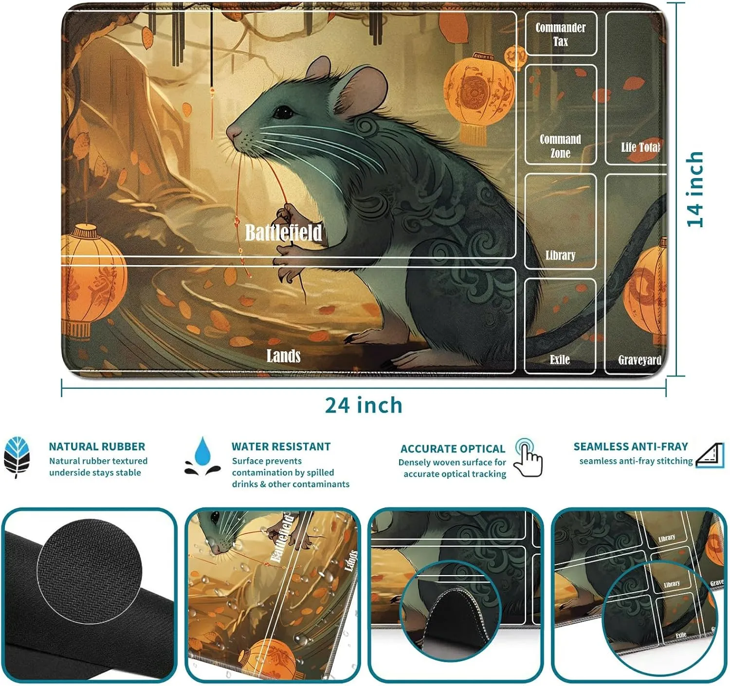 MTG Card Playmat 24 X 14 Inch, Stitched for Commander Board RPG CCG Game Magic The Gathering, TCG Desk Mat for Card Game Playing Accessories, Lantern Mouse