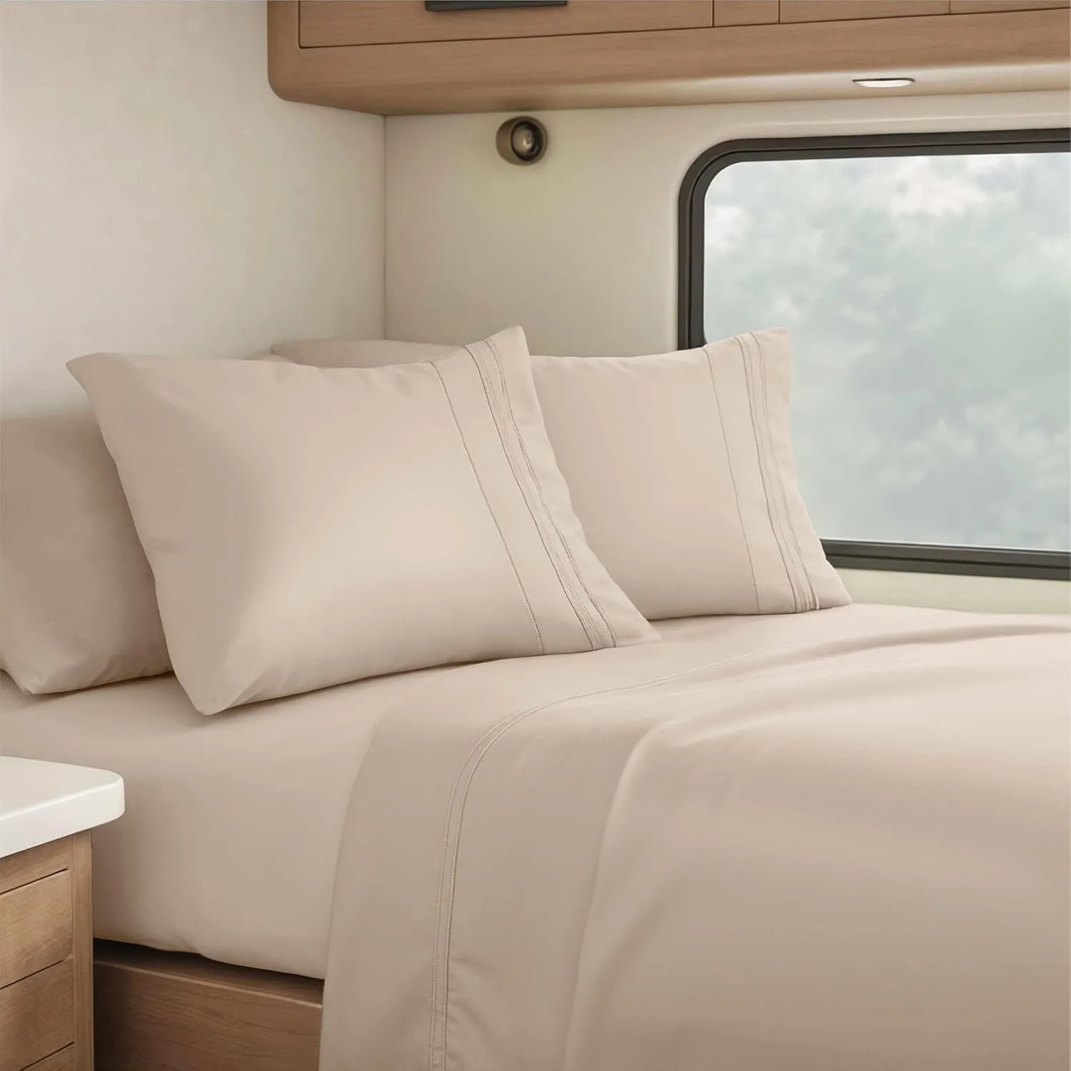 Nestl Beige RV Queen Sheets - Super Soft 4 Piece 1800 Microfiber Set for Camper, Double Brushed Bed Sheets With Fitted Sheet and Pillowcases