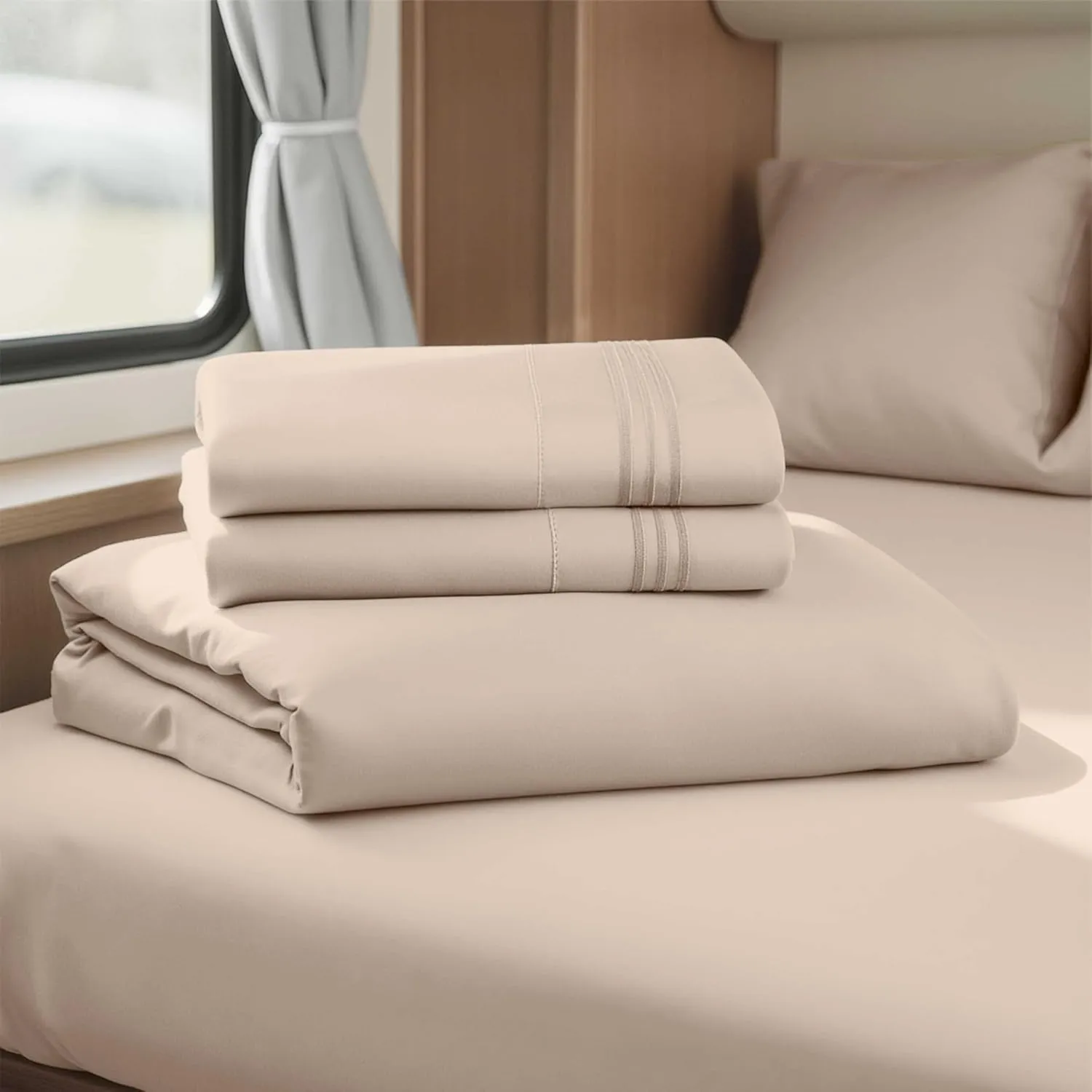 Nestl Beige RV Queen Sheets - Super Soft 4 Piece 1800 Microfiber Set for Camper, Double Brushed Bed Sheets With Fitted Sheet and Pillowcases