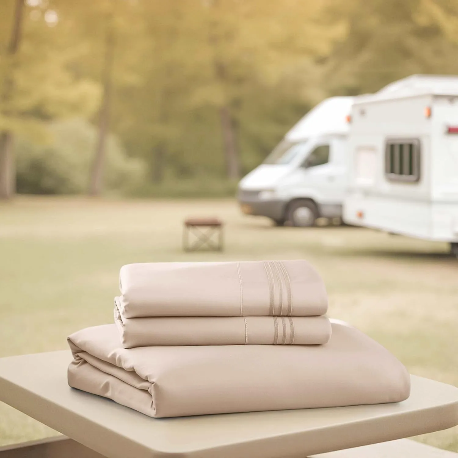 Nestl Beige RV Queen Sheets - Super Soft 4 Piece 1800 Microfiber Set for Camper, Double Brushed Bed Sheets With Fitted Sheet and Pillowcases