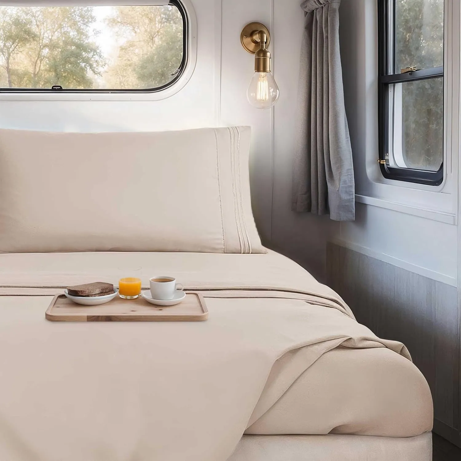 Nestl Beige RV Queen Sheets - Super Soft 4 Piece 1800 Microfiber Set for Camper, Double Brushed Bed Sheets With Fitted Sheet and Pillowcases