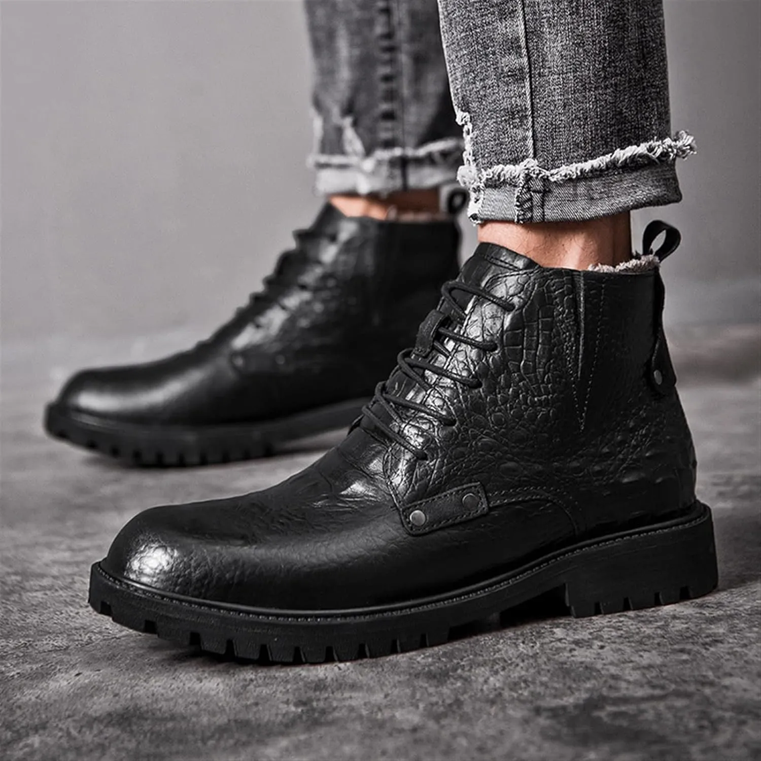 New Men's Ankle Boots Waterproof Anti-slip Derby With Buckle Crocodile Print Genuine Leather Stylish Dress