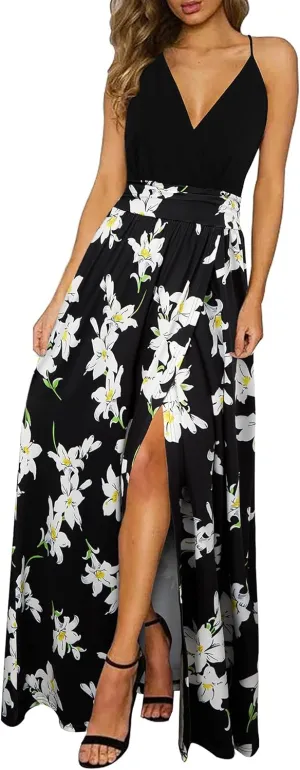 Newshows Women Summer 2025 Maxi Dress Vacation Floral Spaghetti Strap Spring Casual Boho Split Beach Long Flowy Sundress