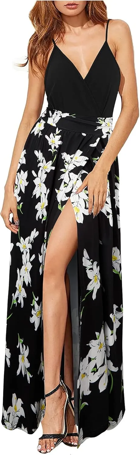 Newshows Women Summer 2025 Maxi Dress Vacation Floral Spaghetti Strap Spring Casual Boho Split Beach Long Flowy Sundress