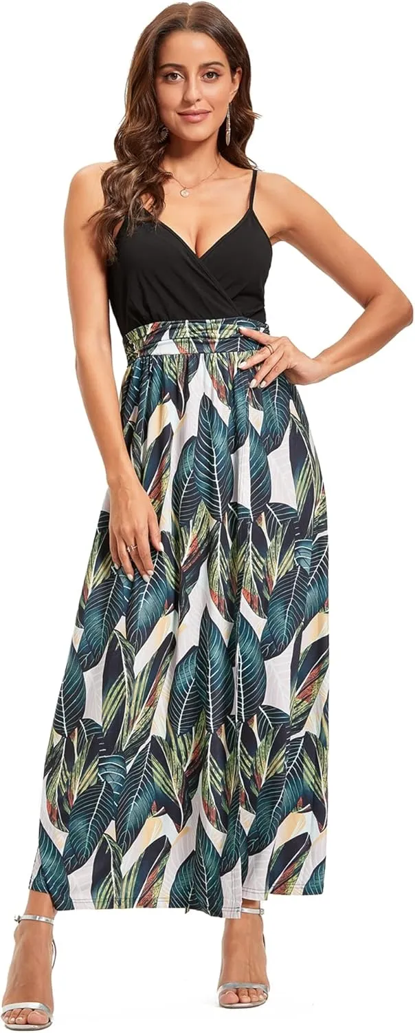 Newshows Women Summer 2025 Maxi Dress Vacation Floral Spaghetti Strap Spring Casual Boho Split Beach Long Flowy Sundress