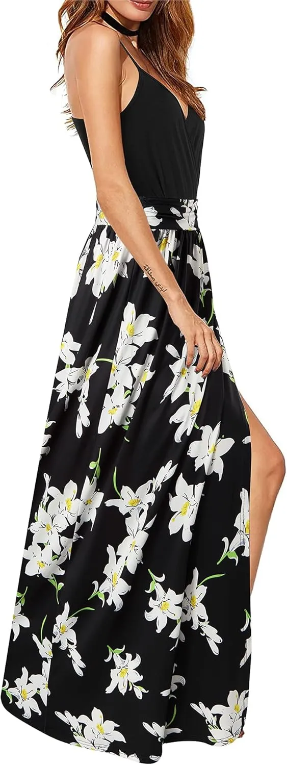 Newshows Women Summer 2025 Maxi Dress Vacation Floral Spaghetti Strap Spring Casual Boho Split Beach Long Flowy Sundress