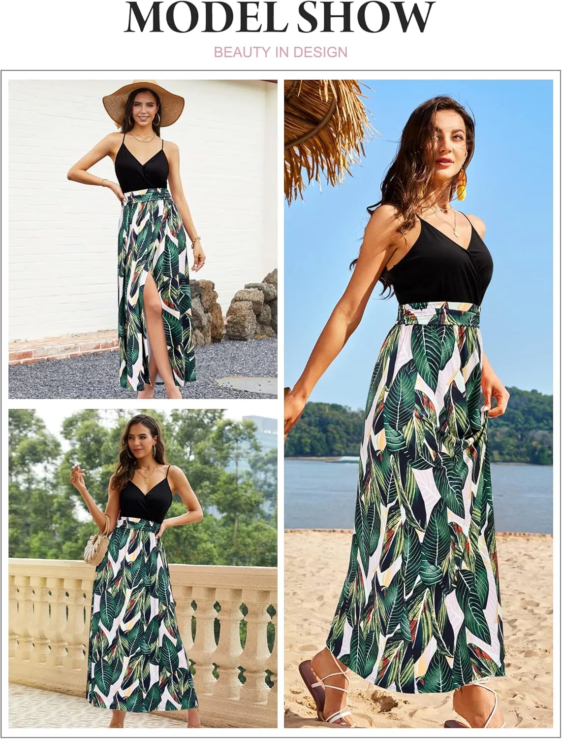 Newshows Women Summer 2025 Maxi Dress Vacation Floral Spaghetti Strap Spring Casual Boho Split Beach Long Flowy Sundress