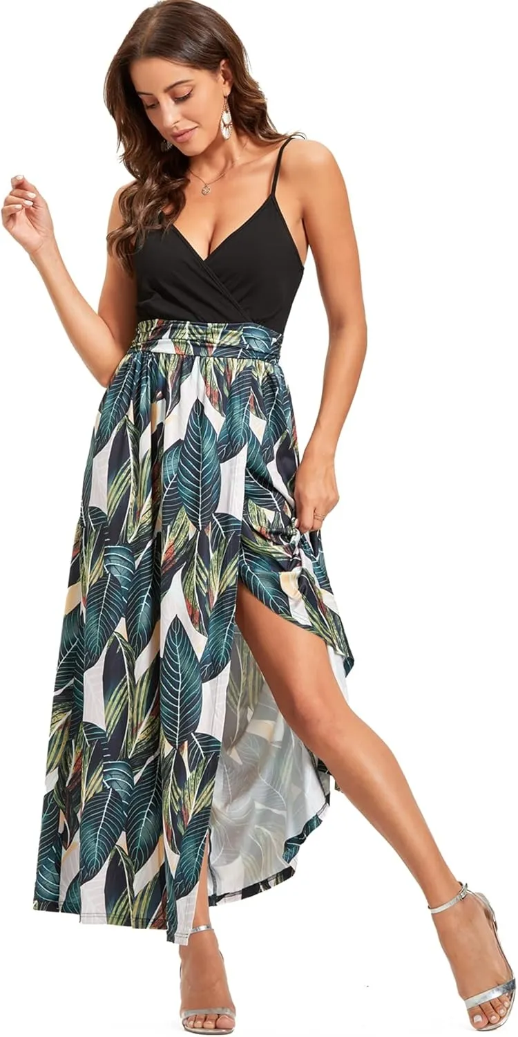 Newshows Women Summer 2025 Maxi Dress Vacation Floral Spaghetti Strap Spring Casual Boho Split Beach Long Flowy Sundress