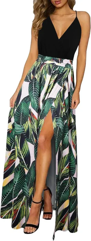 Newshows Women Summer 2025 Maxi Dress Vacation Floral Spaghetti Strap Spring Casual Boho Split Beach Long Flowy Sundress