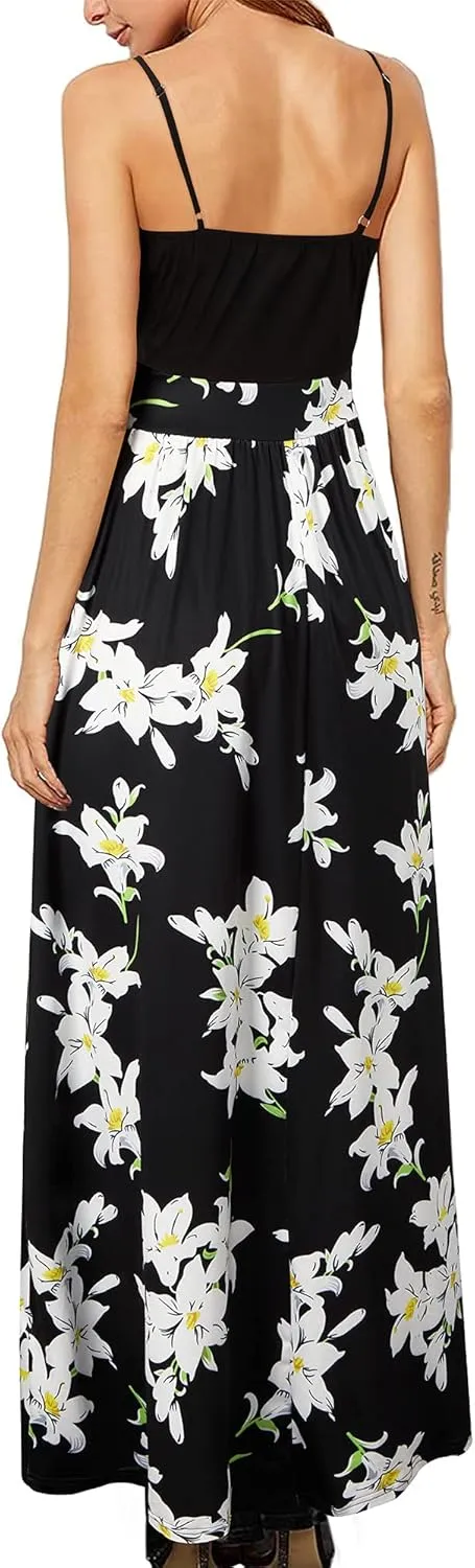 Newshows Women Summer 2025 Maxi Dress Vacation Floral Spaghetti Strap Spring Casual Boho Split Beach Long Flowy Sundress