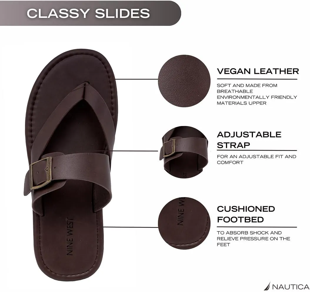 Nine West Mens Vegan Leather Flip Flops Slides Slipper with Adjustable Buckle Strap Band-Cushioned Footbed and Lightweight for Outdoor Indoor Beach Summer-Chanson