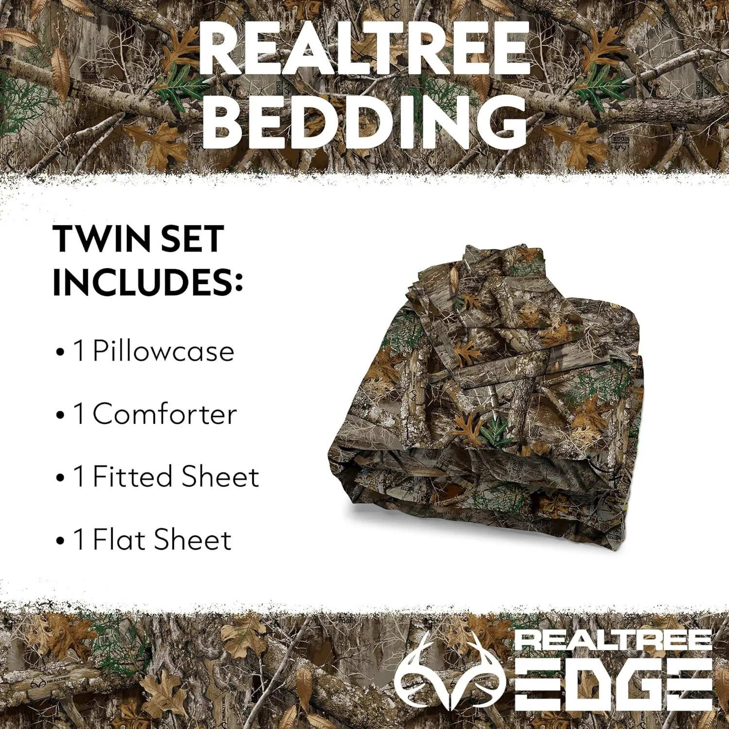 Northwest Realtree Edge Camo Bed in a Bag Set – 4-Piece Twin – Comforter, Pillowcase, Fitted Sheet, Flat Sheet – All Seasons Cabin Bedding