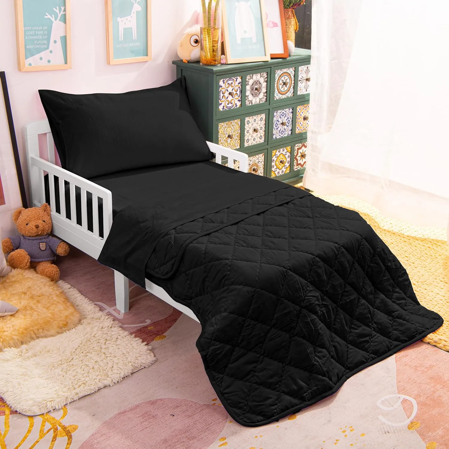 NTBAY Toddler Bedding Set - 4 Piece Soft and Breathable Crib Bedding Set for Boys and Girls, Includes Quilted Comforter, Fitted Sheet, Flat Top Sheet and Envelope Pillowcase, Black