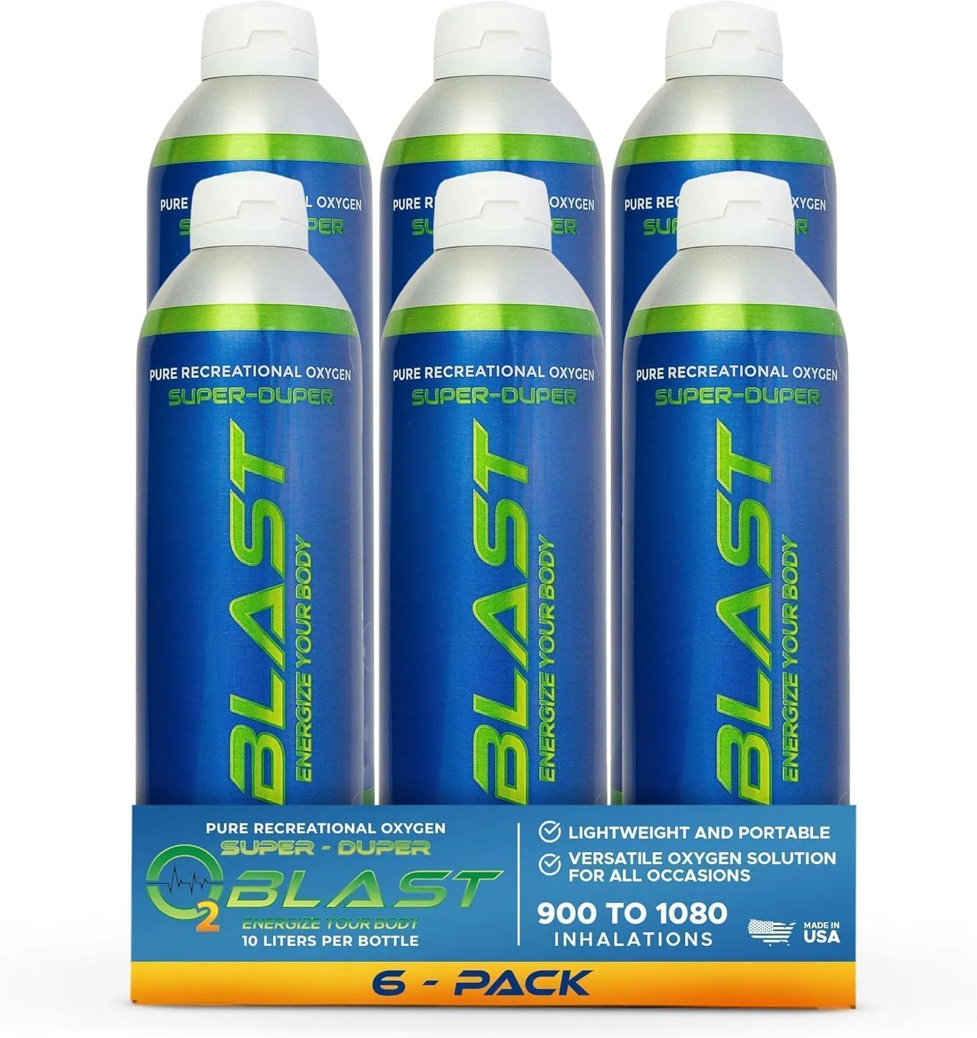 O2 Blast - Pure Oxygen Supplement - Filled with 99.99% Pure Oxygen to Support Fast Recovery, Increase Stamina & Enhanced Focus for High Altitude & Action Sports, 10L Portable Can Flip-Top Cap, 6-Pack