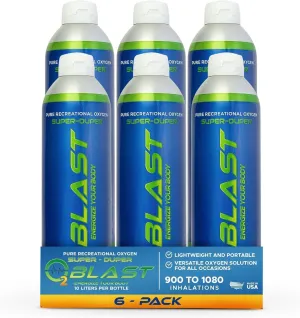 O2 Blast - Pure Oxygen Supplement - Filled with 99.99% Pure Oxygen to Support Fast Recovery, Increase Stamina & Enhanced Focus for High Altitude & Action Sports, 10L Portable Can Flip-Top Cap, 6-Pack