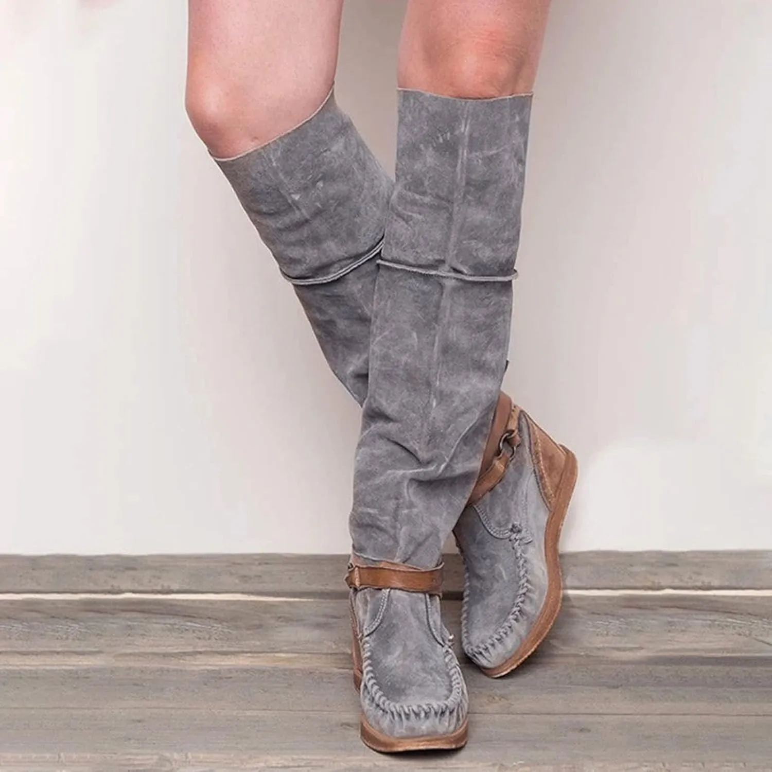 oiangi Womens Slip-on Knee Boots - Fashion Cross Belt Square Buckle Round Toe Patchwork Flat Long Boots Comfortable Casual Low Heel Outdoor Ladies Shoes