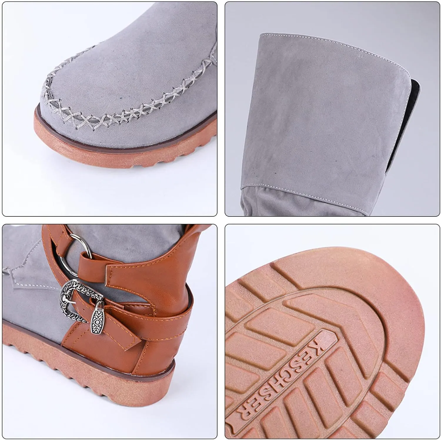 oiangi Womens Slip-on Knee Boots - Fashion Cross Belt Square Buckle Round Toe Patchwork Flat Long Boots Comfortable Casual Low Heel Outdoor Ladies Shoes