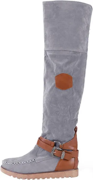 oiangi Womens Slip-on Knee Boots - Fashion Cross Belt Square Buckle Round Toe Patchwork Flat Long Boots Comfortable Casual Low Heel Outdoor Ladies Shoes