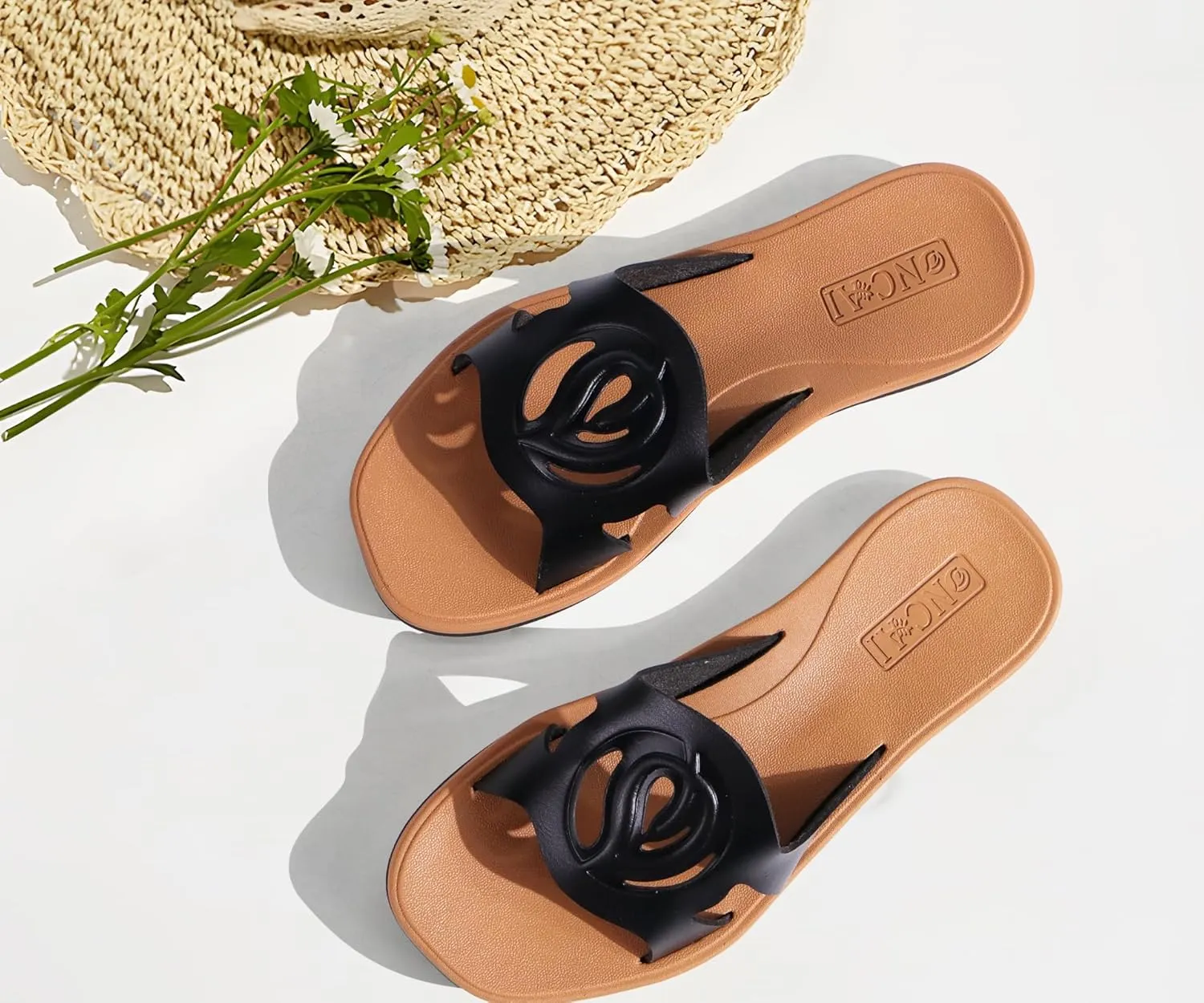 ONCAI Women's Flat Sandals Fashion Square Open Toe Slide Dressy Sandals for Woman Soft Cushion Vegan Comfortable Summer Slip On Casual Walking Outdoor Ladies Sandal Non Slip Rubber Sole Size 6-11 US